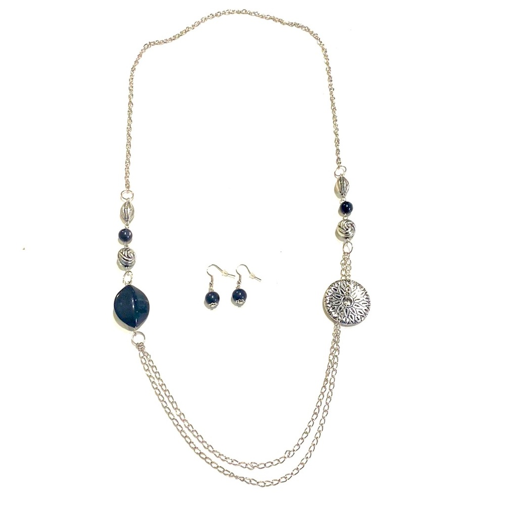 Long Necklace Earrings Set 32” Black Silver Tone